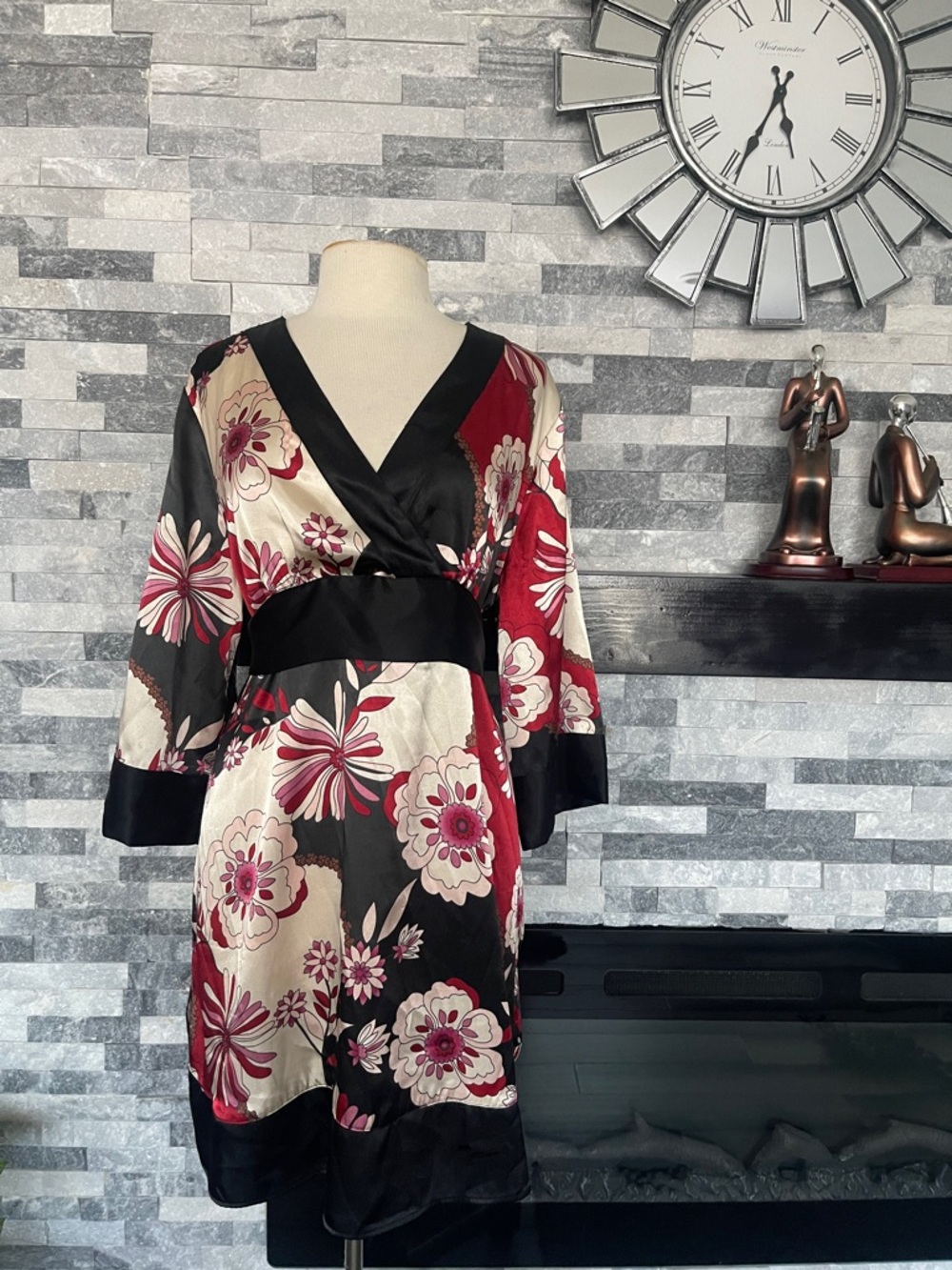 Apt. 9 Woman's Wrap Look Black Red Floral Stretch Tie Dress Sz XL